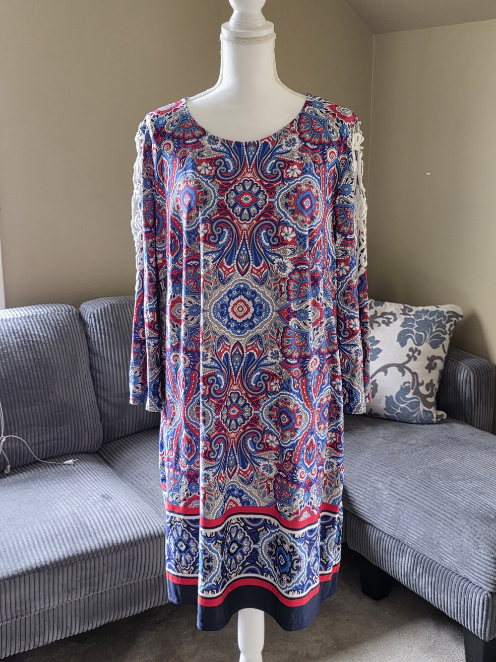 Tacera Blue, Red & Cream Paisley Midi Dress with Lace-Trim Sleeves